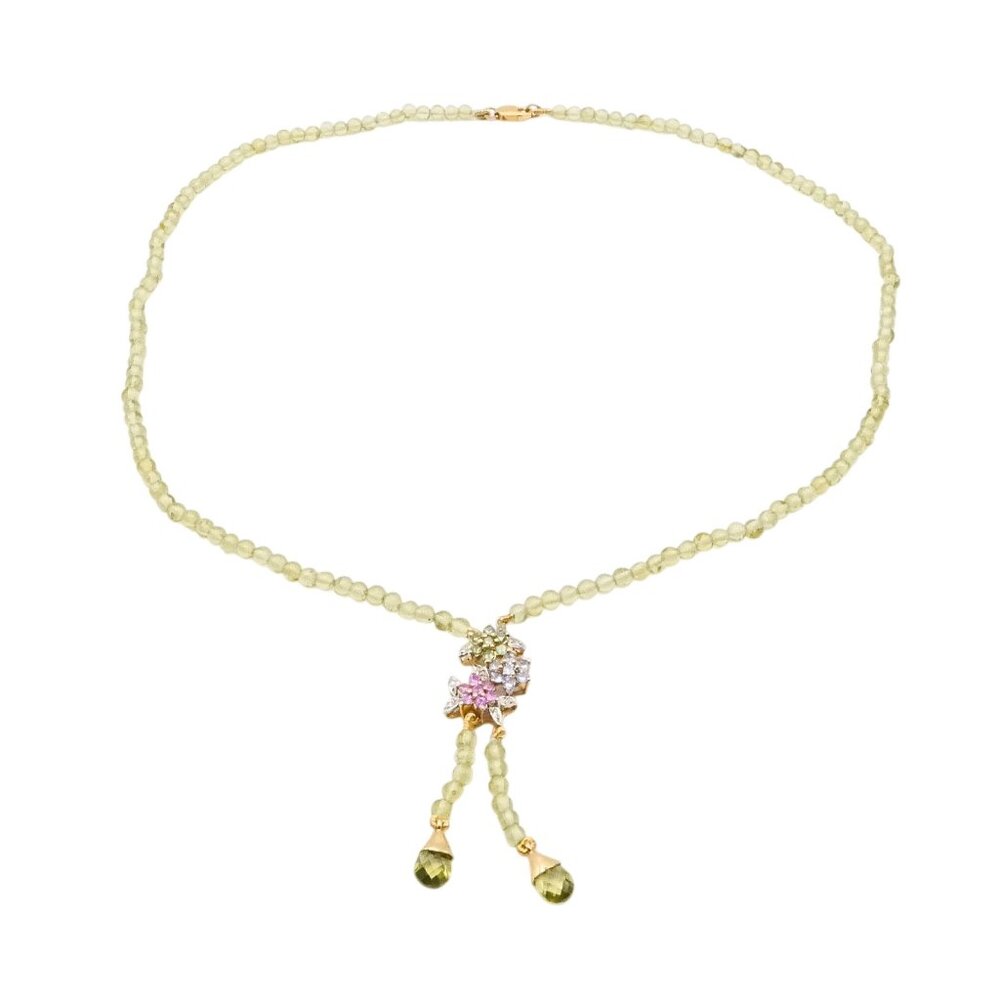 B & N 14K Gold Peridot Necklace w/Emeralds, Pink Sapphires, Iolite & Diamonds